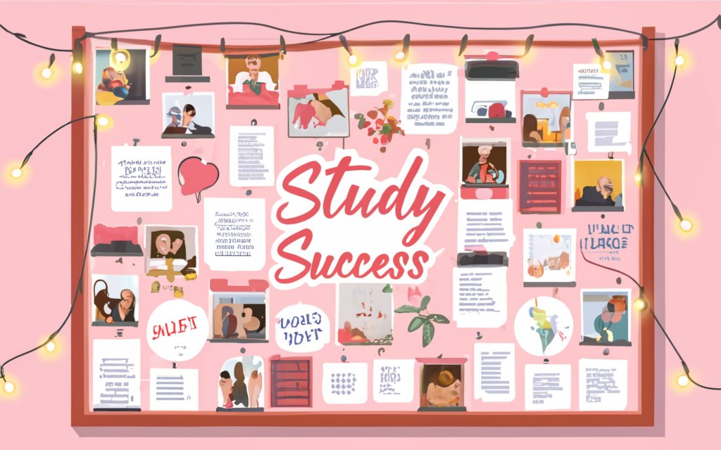 A pink-themed vision board covered in inspiring quotes, images of academic success, and a calendar with study goals marked. The board is set against a soft pink wall with fairy lights, creating a warm and motivating atmosphere. The image is designed to encourage positivity and focus on achieving academic goals