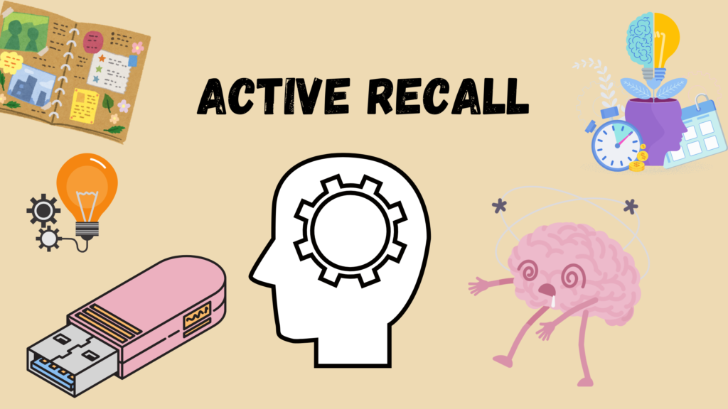 Illustration of active recall technique for studying, featuring a brain icon, flashcards, and a student actively engaging with learning material