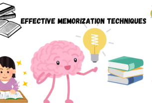 Illustration of effective memorization techniques, featuring a happy brain with a light bulb, books, and a student studying