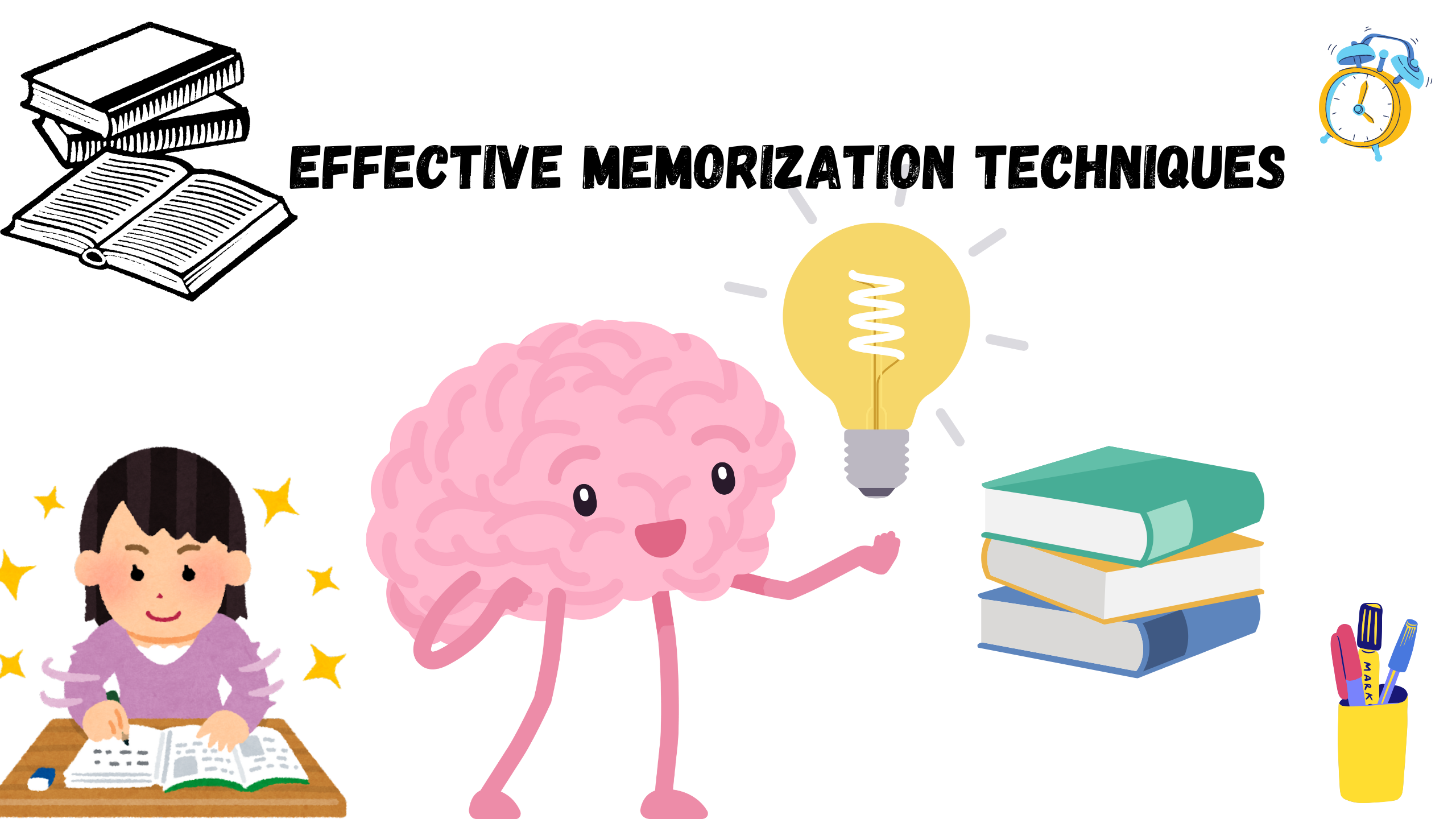 Illustration of effective memorization techniques, featuring a happy brain with a light bulb, books, and a student studying